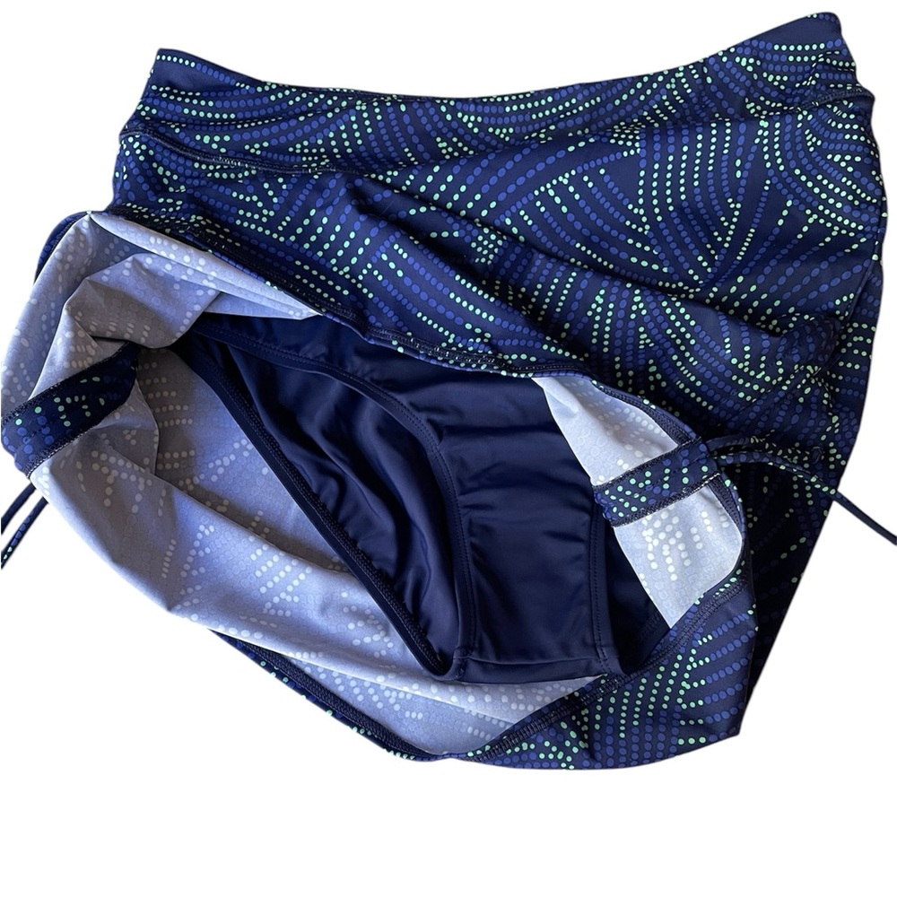 NWOT Zuda Swim Skirt with Side Drawstring Gathers, Navy with Green Print, 10
